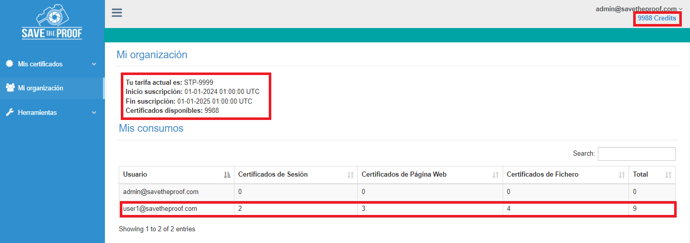 Información Mi organización en SaveTheProof