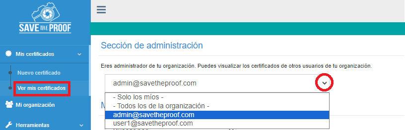 Sección de administración en SaveTheProof