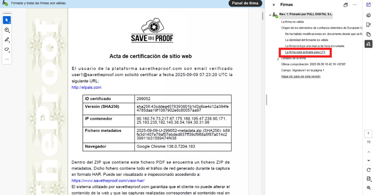 Firma Digital Certificado de SaveTheProof Firma Digital LTV en Certificado de Save The Proof