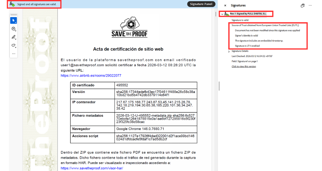 Electronic signature of certificates issued with SaveTheProof.