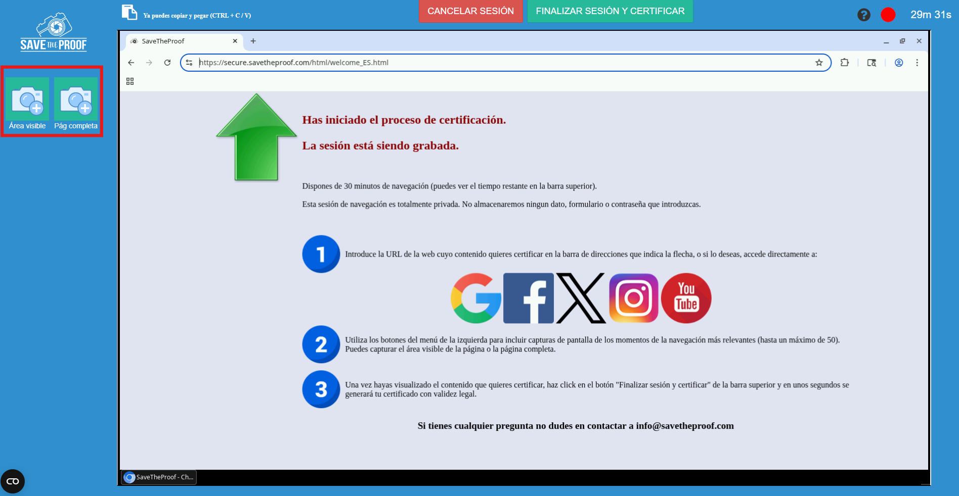 Botones de captura de pantalla sesión de navegación web SaveTheProof